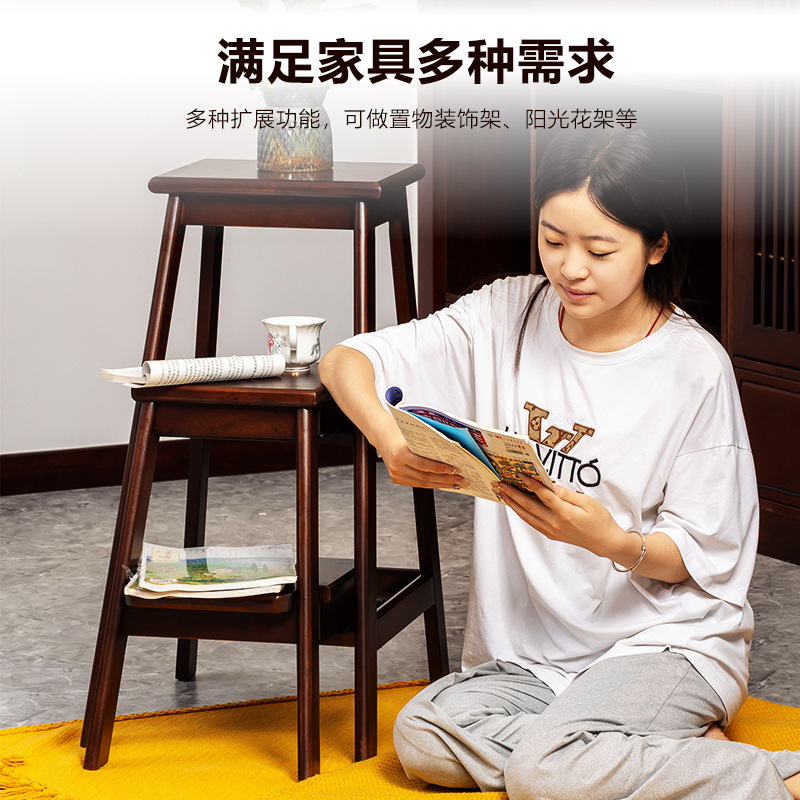 Solid Wood Ladder Stool, Three-Step Ladder Stool, Indoor Storage Flower Stand Ladder, Household Folding Multi-Functional Climbing Ladder Stool Chair