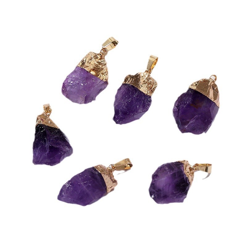 Natural Amethyst Pink Crystal Irregular Pure Copper Hangings DIY Jewelry Accessories Crystal Stone Necklace Pendant Cross Border