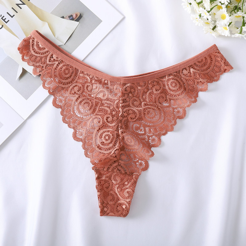 Ladies underwear transparent hollow pattern t pants sexy lace underwear cotton crotch plus size thong Amazon wholesale