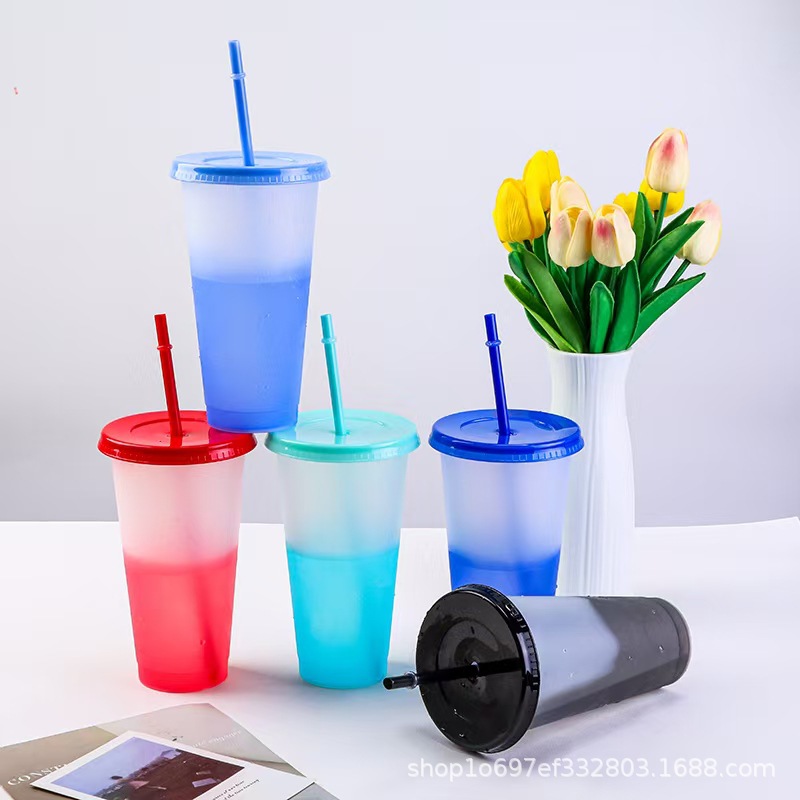 Cross-Border Popular Large-Capacity 710ml Temperature-Sensitive Cold Color-Changing Cup Fashionable Plastic Water Cup Pp Single-Layer Straw Cup