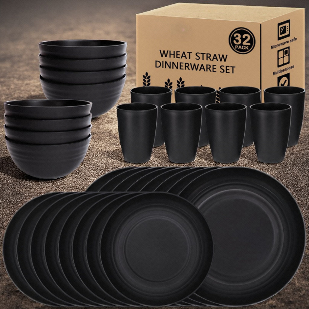 Набор посуды из черной соломы: тарелка, суповая миска, чашка, нож, вилка, простая и модная посуда для дома