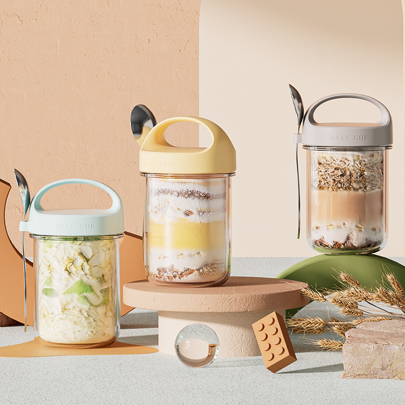 Breakfast Cup Sealed Overnight Yogurt Cup Overnight Oatmeal Cup 430ml Portable Glass Salad Jar Milk Tea Cup with Spoon