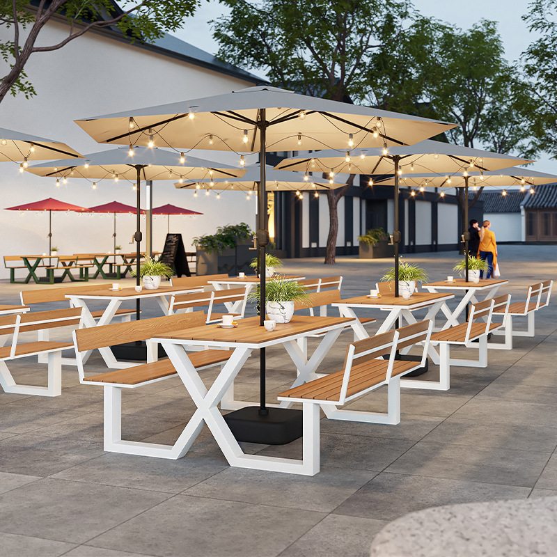 Outdoor Plastic Wood Table and Chair Combination with Backrest and Parasol for Shopping Malls, Cafes and Milk Tea Shops with Outdoor Dining Tables and Chairs