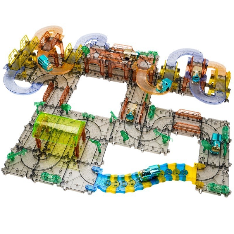 Transparent electric track train puzzle DIY assembling and inserting track children's electric puzzle track car