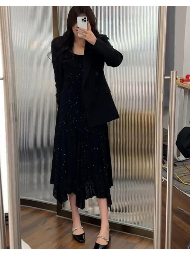 [in stock] plus size women's spring and autumn slightly fat mm suit small suit jacket drilling suspender skirt two-piece 6088