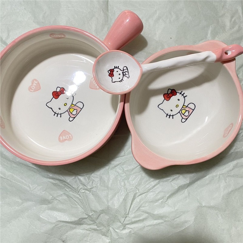 Trendy Ceramic Tableware Hello Kitty Dormitory Home Single-Person Dining Bowl Plate Spoon Baking Bowl High-Value Three-Piece Set