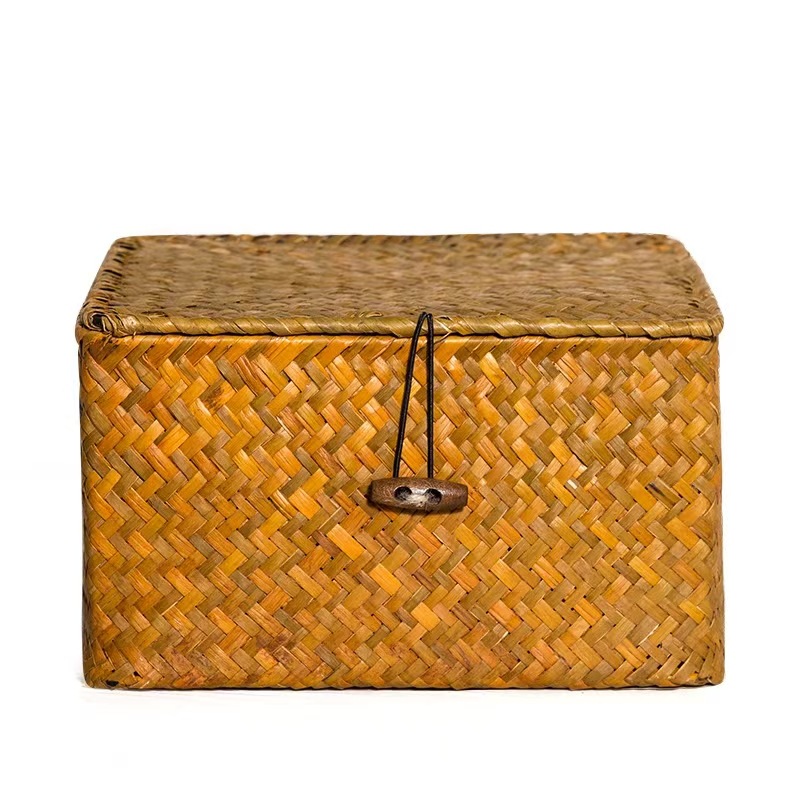 Hand-Woven Seagrass Woven Cosmetic Gift Storage Box with Black Buckle and Flat Lid Straw Woven Storage Basket Accompanying Gift Box
