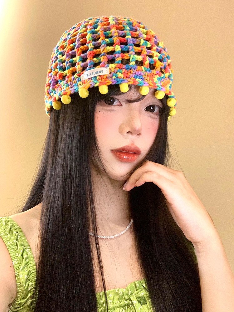 Colorful Dopamine Beaded Hollow Knitted Hat for Women Summer 2025 New Thin Breathable Face-Showing Small Toe Cap