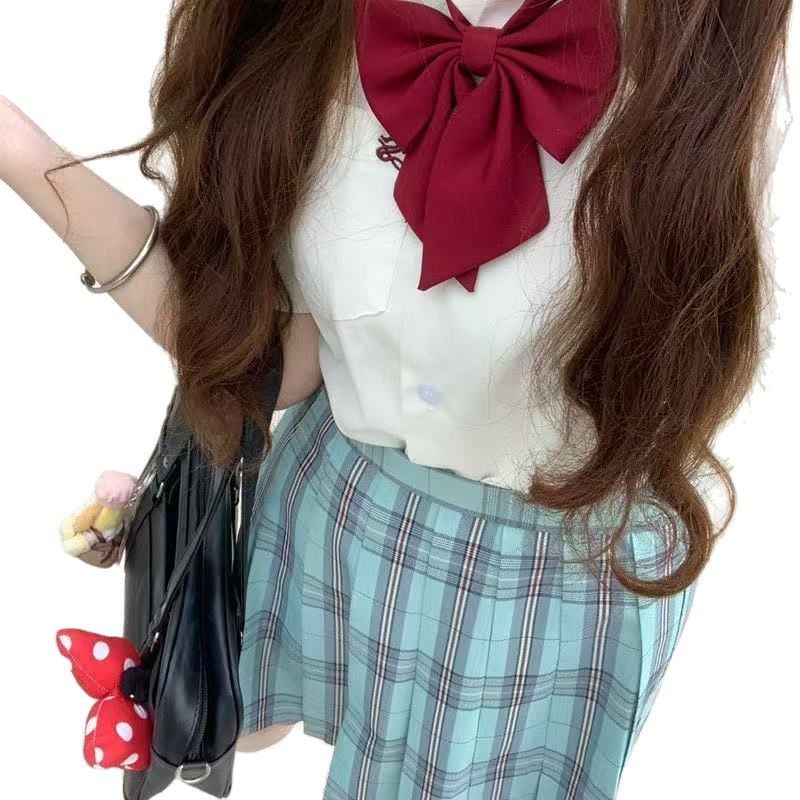 [glass sea] jk uniform plaid skirt genuine academic style girl's half pleated skirt blue green Japanese high waist skirt