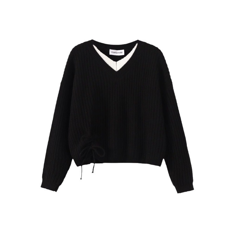 Plus-Size Knit Sweater, Fashionable, Age-Reducing, Versatile, Slimming, V-Neck, Long-Sleeve, Faux Two-Piece, Drawstring, Long-Sleeve, Loose, Slimming