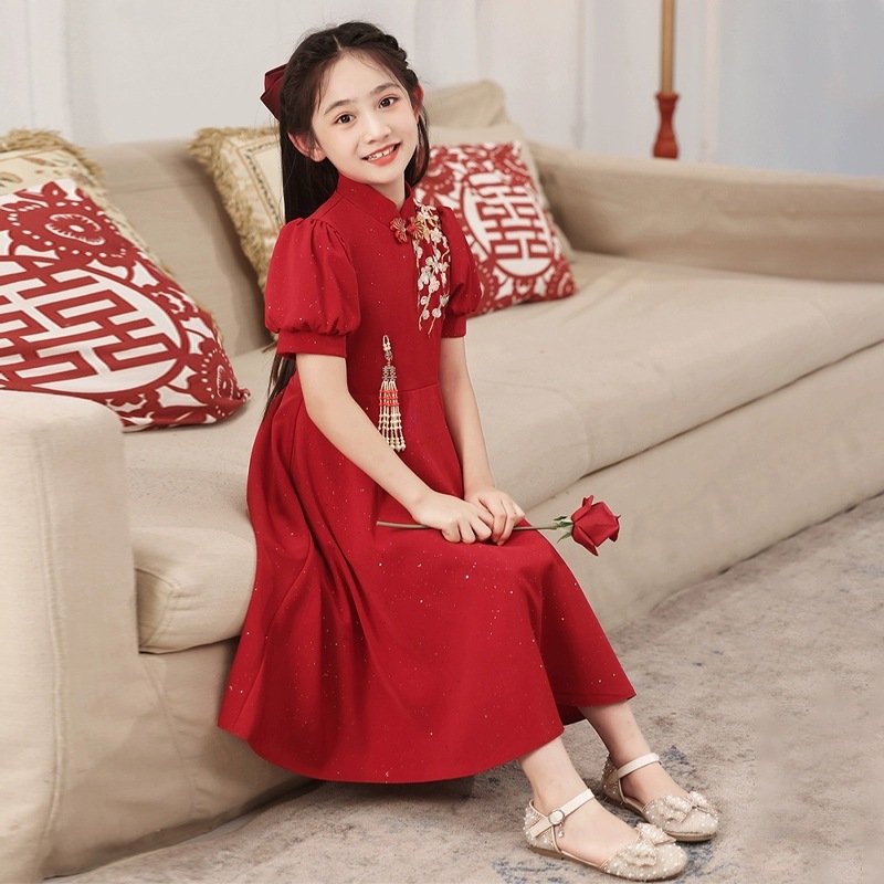 Girls' New Chinese Style Dress Summer New Big Children's Red Performance Cheongsam Dress Little Girl's Chinese Style dress