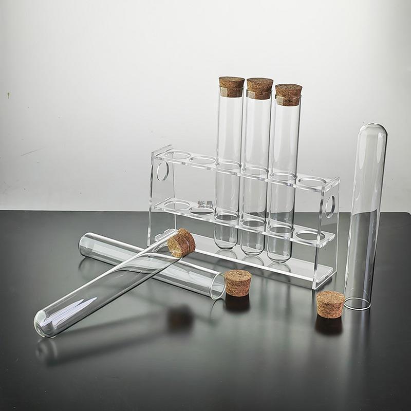 Package 6Pcs 20/25/30*150 Glass Test Tube with Wooden Stopper + Single Row 6 Holes Glass Test Tube Rack
