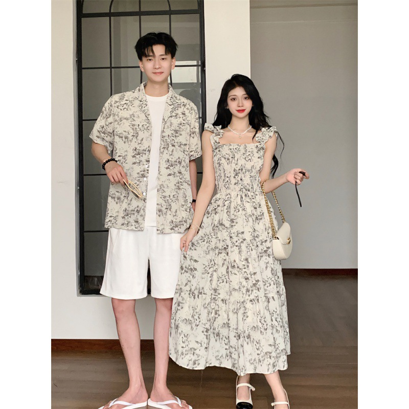 2024 Summer Couple Dress Beach Dress Slim-fit Elegant dress Men's Floral Shirt Short-sleeve