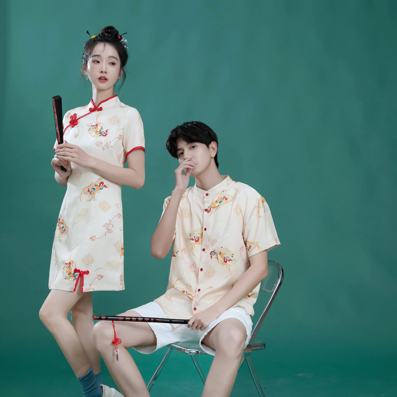 Китайский стиль, плюс-сайз, чонсам для пар, разрез, простой стиль, вертикальный воротник, неравномерный принт