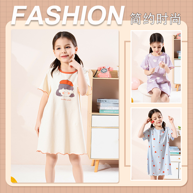 Summer Thin Nightgown Class a Pure Cotton Girls Dress Short-Sleeved Kidsren's Middle and Large Kidsren Baby Girl's Nightgown Wholesale