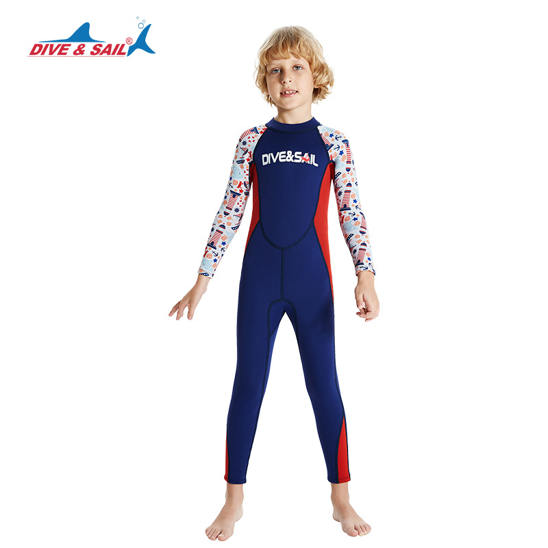 新款儿童保暖潜水服2.5MM连体长袖长裤潜水衣防寒游泳浮潜冲浪衣