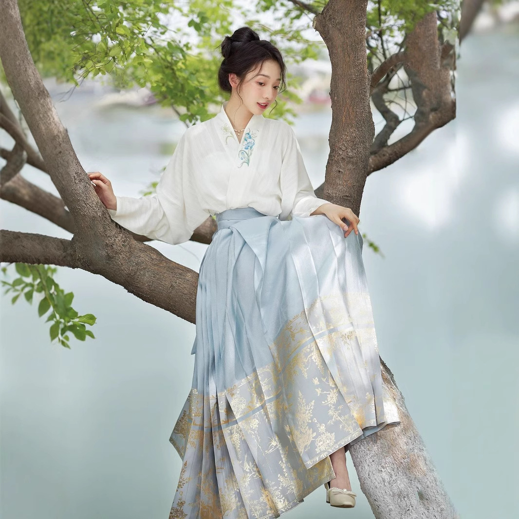 Summer Hanfu Women's New Simple Printed Horse-faced Skirt Full Set [Man Tingfang] Thin Commuter Dress
