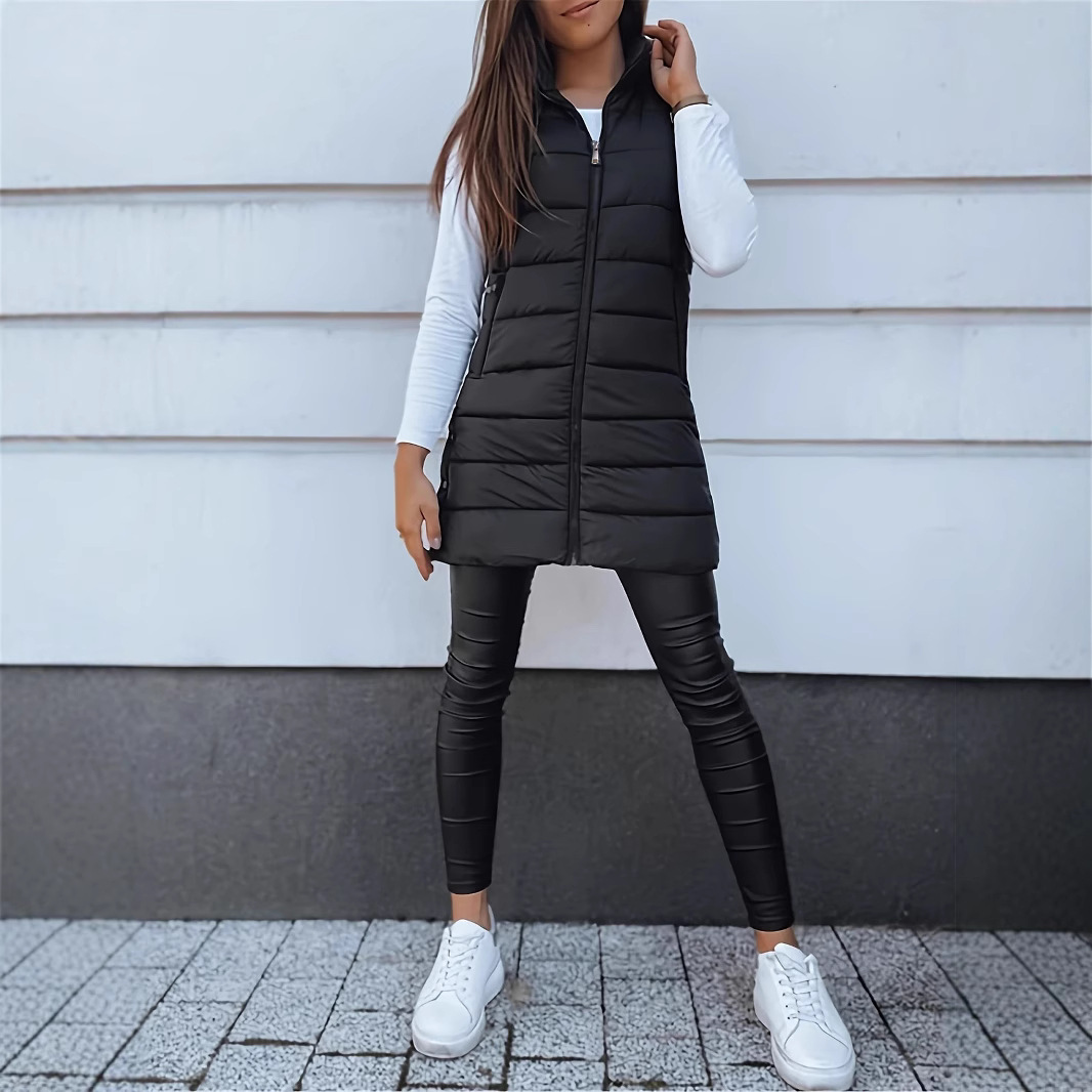 Cross-Border Popular European and American 2025 Amazon Pure Color Hooded Zipper Cotton Vest Jacket Women's Mid-Length Large Size