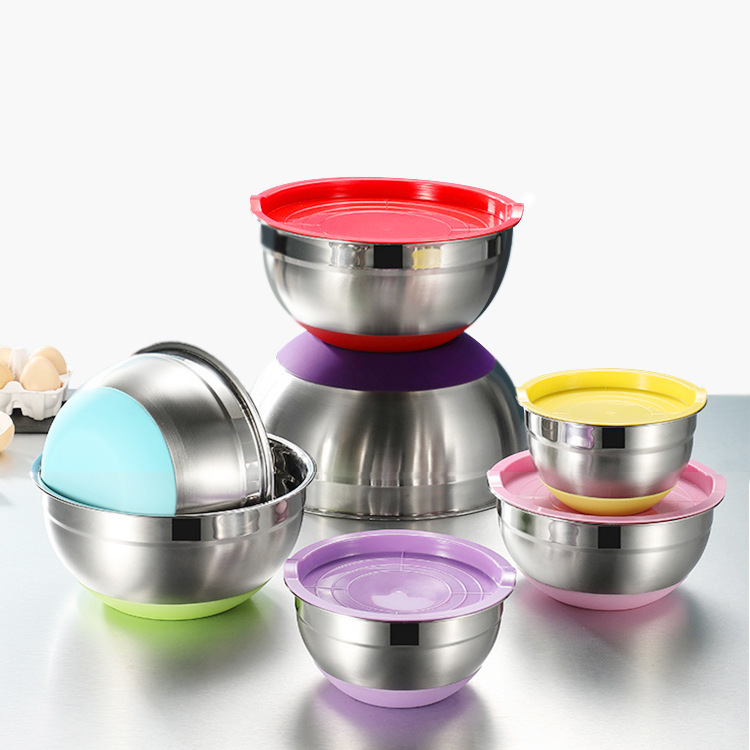 Thickened Stainless Steel Salad Basin with Colorful Silicone Base Set Non-Slip Egg Beating Basin and Basin Baking Cooking Basin
