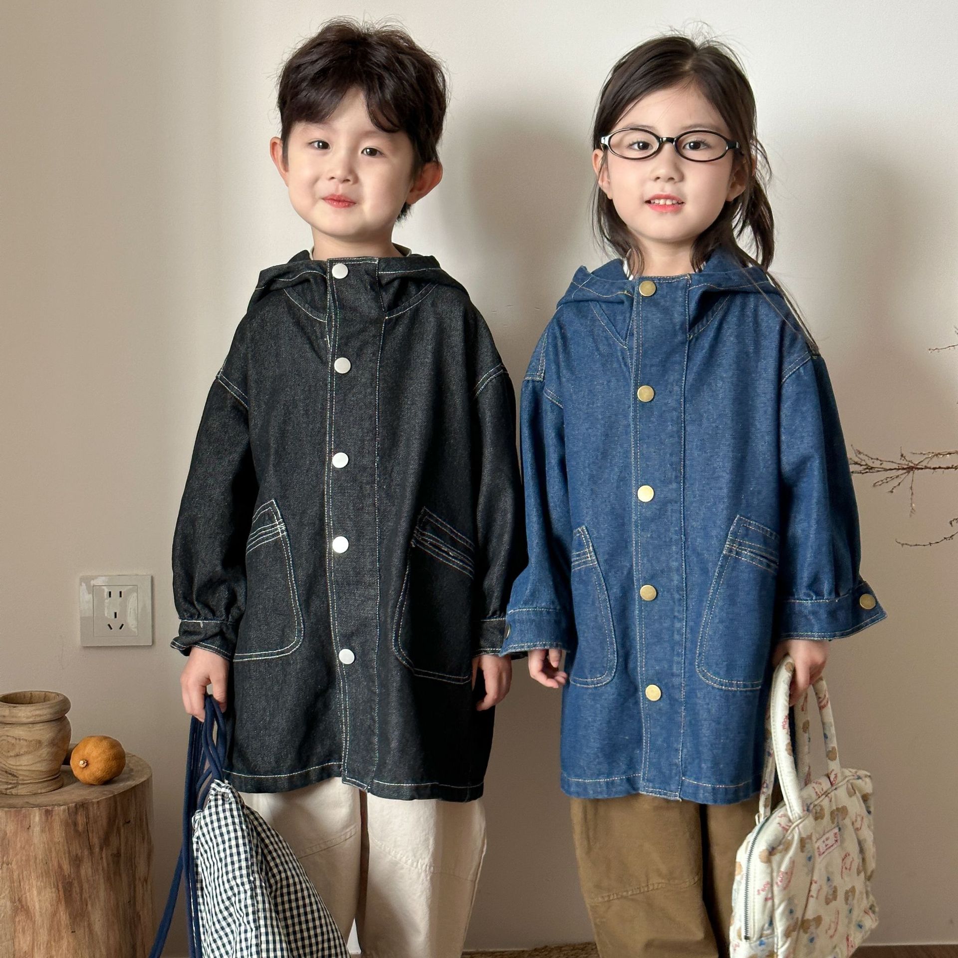 Children's Denim Jacket Mid-Length Girls' Hooded Windbreaker Boys' Autumn Clothing 2025 New Spring and Autum Baby Tops
