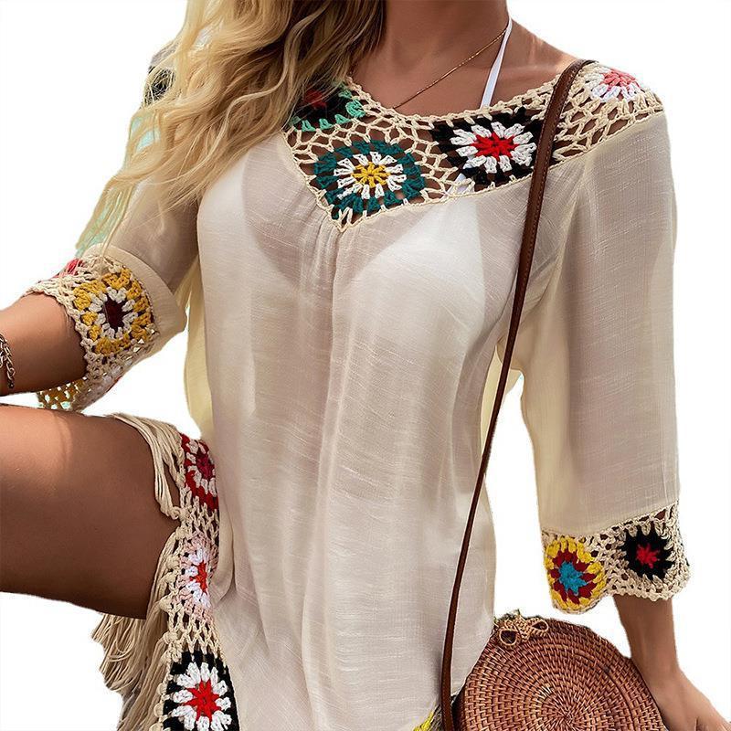 2023 Amazon cross-border European and American foreign trade spring and summer women's beach crochet beach blouse long beach clothes