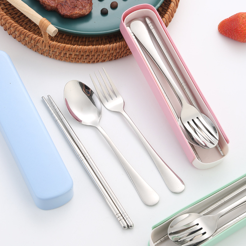 Портативный набор столовых приборов из нержавеющей стали 304: 3 предмета, палочки, ложка, вилка, подарок для студентов и компаний