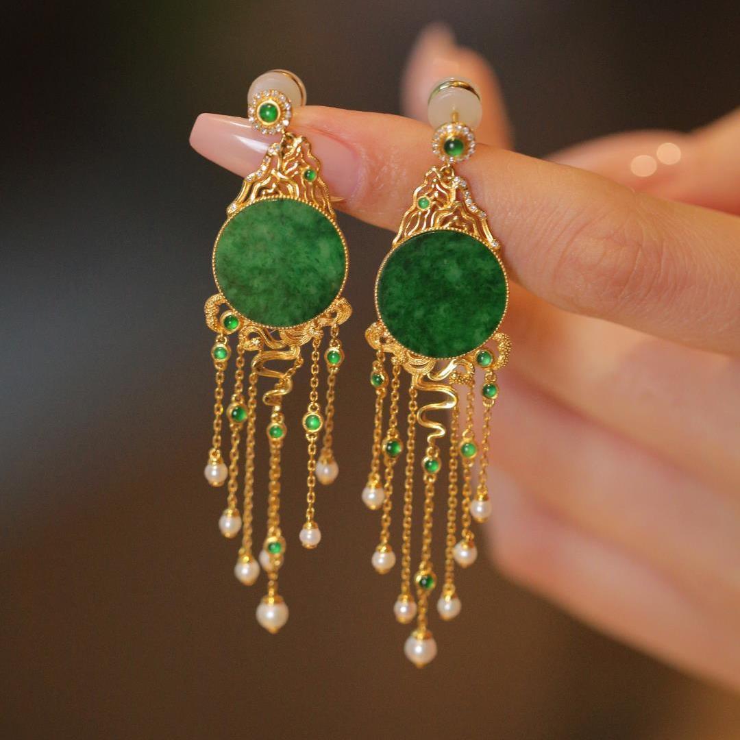 Оригинальные длинные серьги в китайском стиле с кисточками, натуральный халцедон, полностью зеленые, круглые, брендовые, белые жемчужные, элегантные серьги для женщин