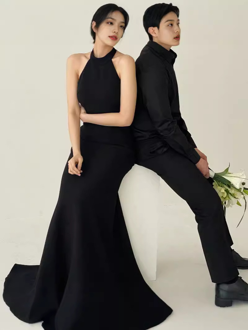 Korean Hepburn Style Evening Dress Birthday Party Elegant Ceremony Host Halterneck Backless Black Fishtail Small Tail