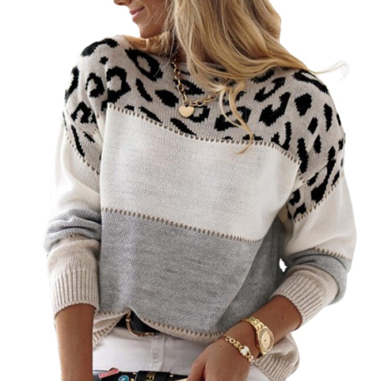 Leopard Print Color Block Round Neck Casual Knitwear Autumn and Winter New Cross-Border Women's Knitwear Women's Pullover Long-Sleeved Bottoming Shirt