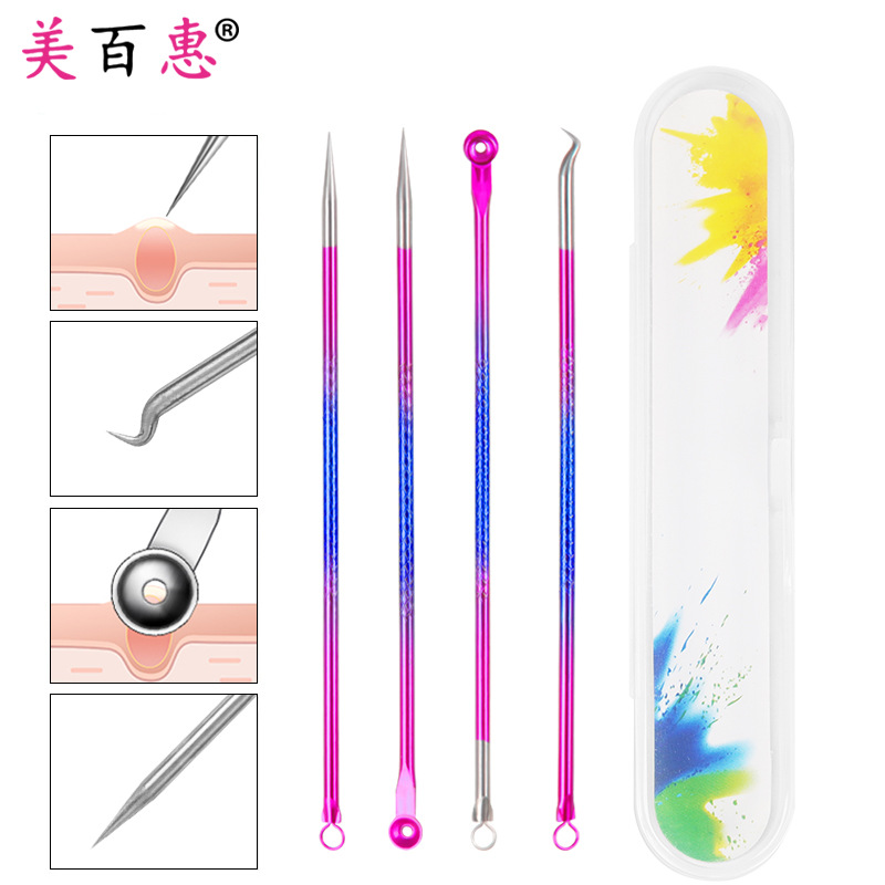 Stainless steel acne needle four-piece electroplating colorful rose gold acne needle blackhead extrusion tool manufacturers