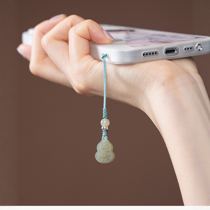 Mobile Phone Lanyard Natural Hetian Jade Gourd Mobile Phone Chain Jade Small Pendant S925 Silver Male and Female Couple Key Lanyard