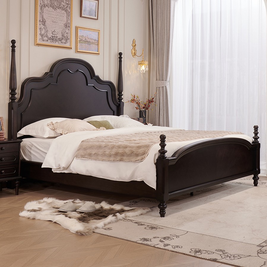 Medieval Style Solid Wood Double Bed American Simple Roman Column Bed Black High-End French Original Anna Bed