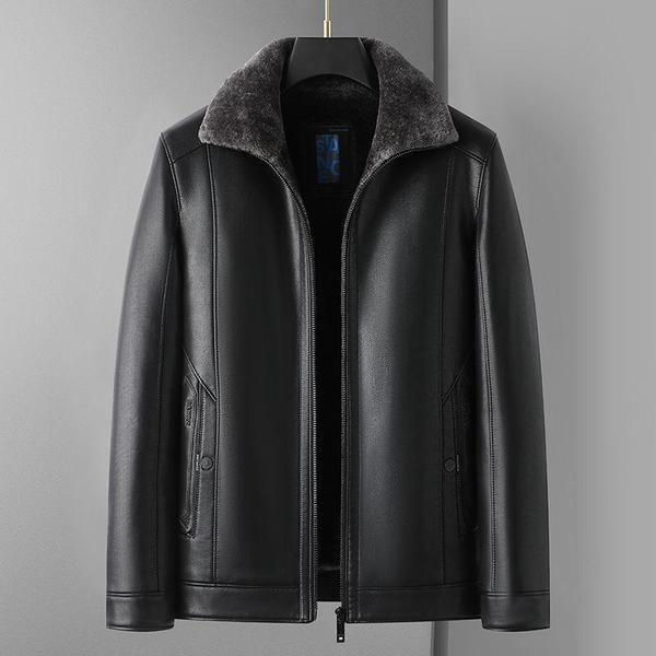 New style fur one men's leather coat lapel thickened fleece padded plus size leather jacket casual dad's leather jacket