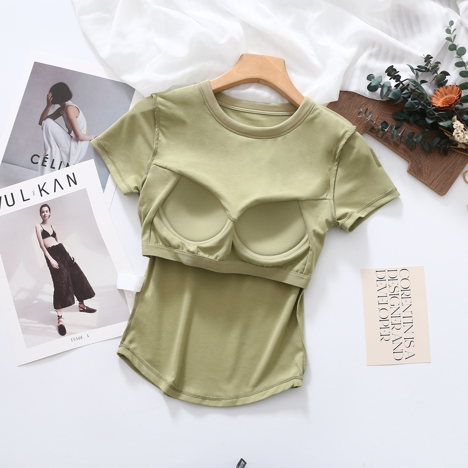 Women's All-In-One Long Inner Anti-Exposure Fishbone Cup Short-Sleeved Top with Chest Pad Bottoming T-Shirt Intimates Spring and Summer