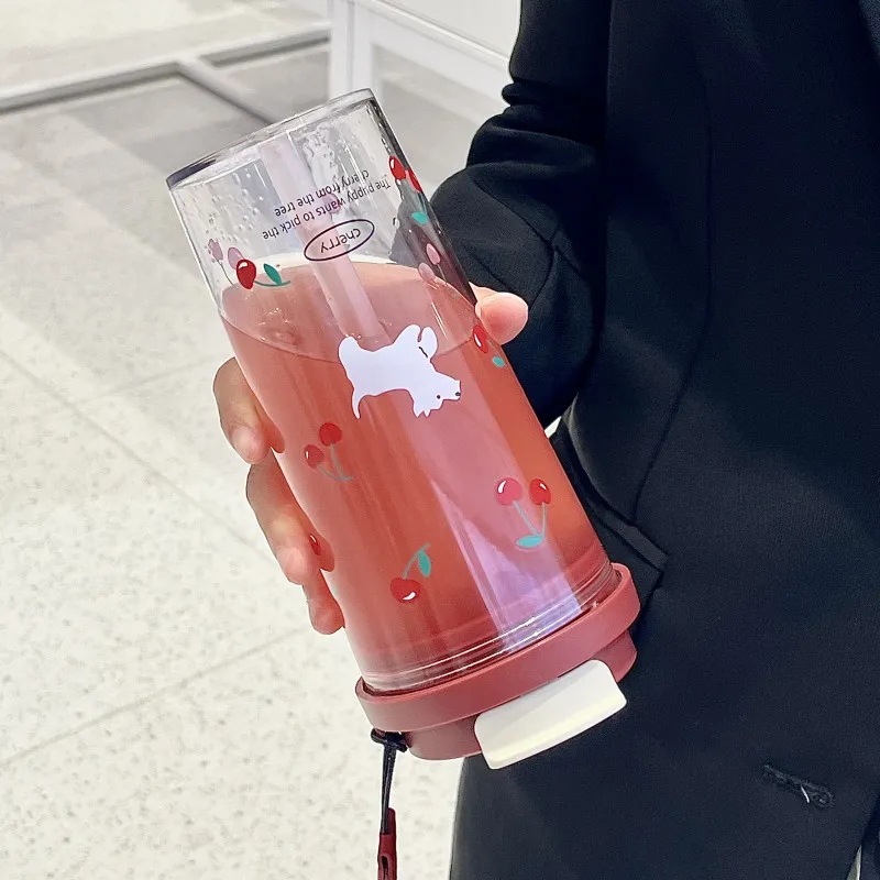 Straw Cup Student Flower Tea Cup Water Cup Girl's Handy Cup Portable Straw Plastic Cup Large Capacity Summer Cup