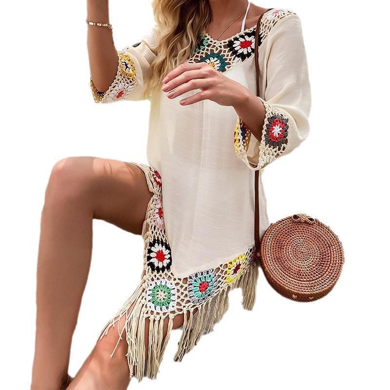 2023 Amazon cross-border European and American foreign trade spring and summer women's beach crochet beach blouse long beach clothes