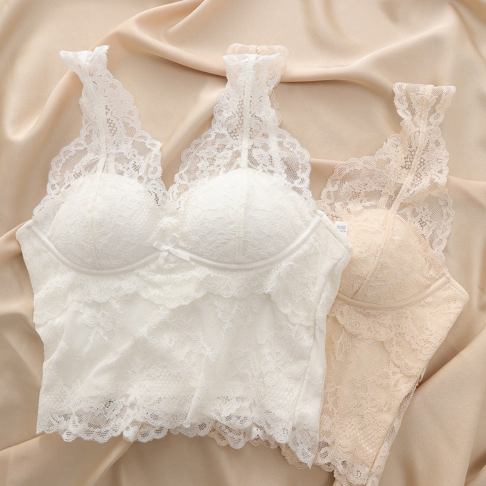 Lace Beautiful Back Intimates Vest Fixed Cup French Sexy Bra with No Steel Ring Small Breasts Thin Bra V-Neck