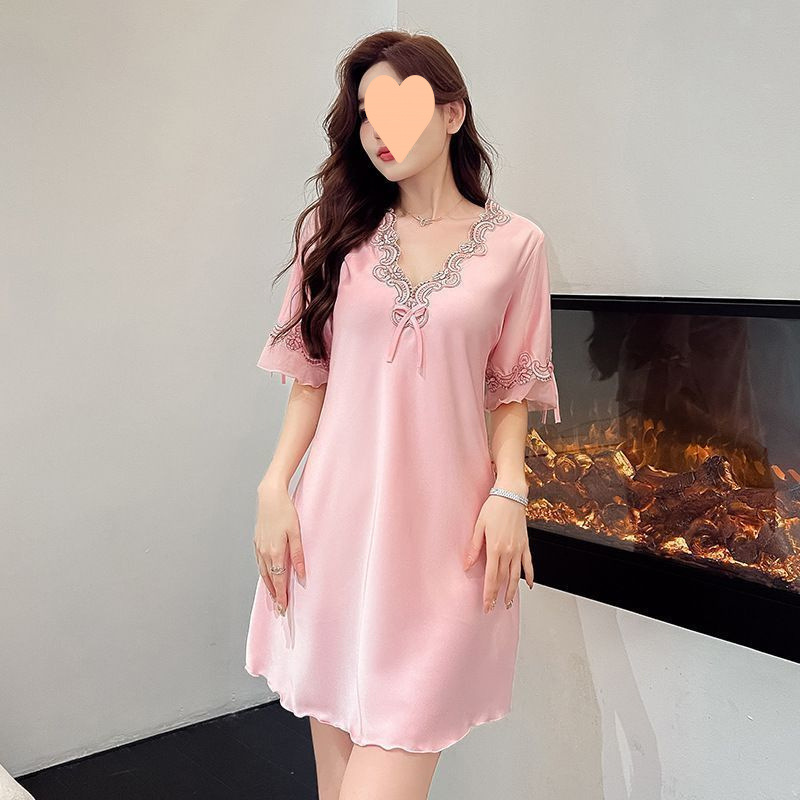 Ice Silk Nightgown Sexy Lace F Pajamas Women's Home Wear XS Outer Wear Short-Sleeved Large Size Elastic Nightgown Ny062