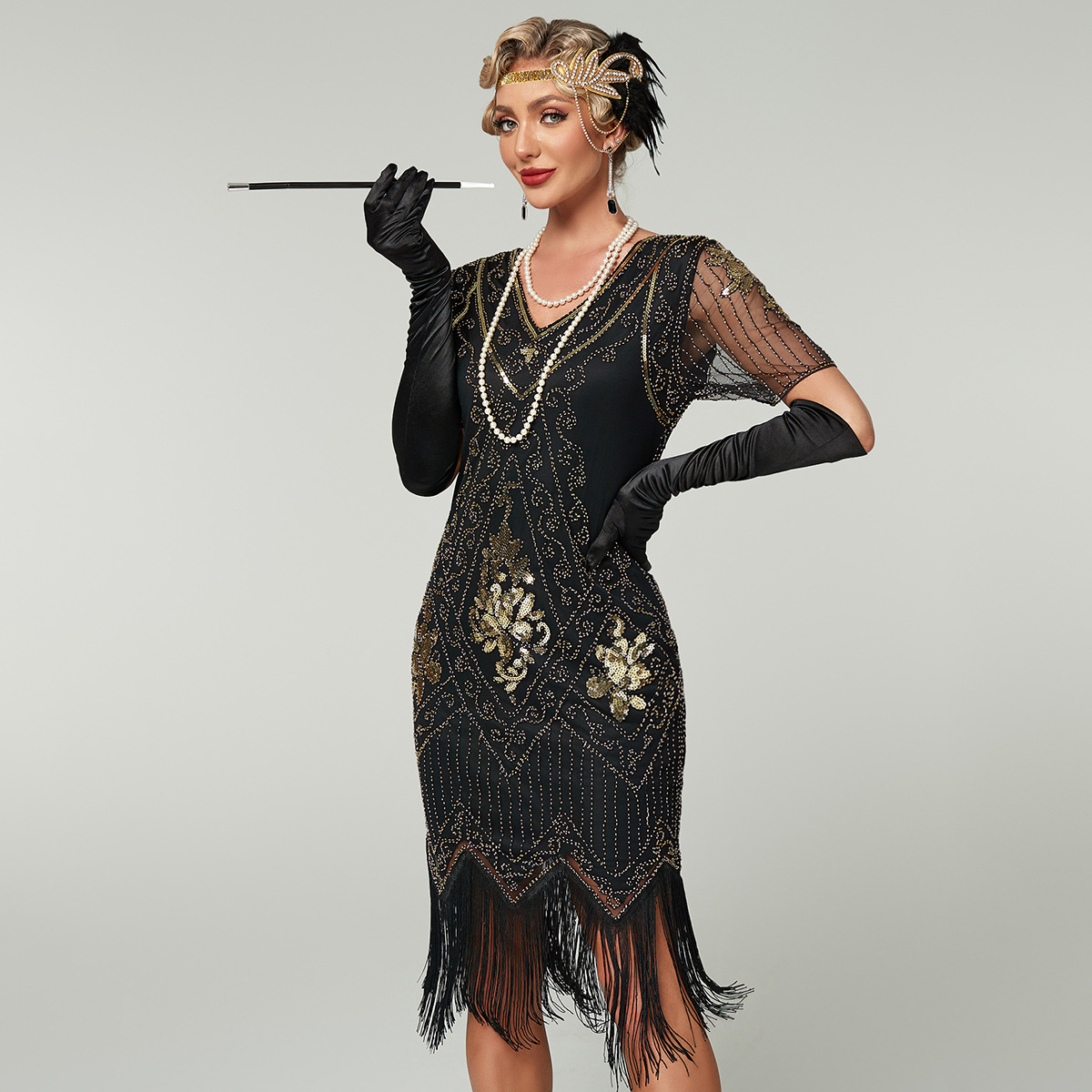 Gatsby Dress New Hand-Embroidered Beaded Sequin Skirt European and American Banquet Dress V Neck Short-Sleeved Dress