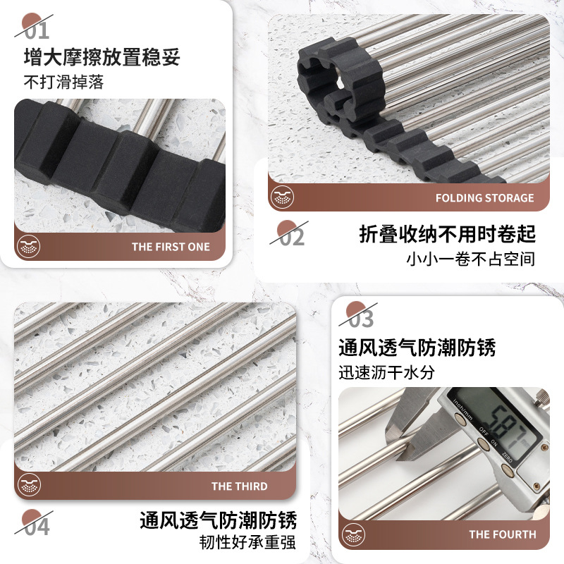 Practical Sink Dish Drip Rack Stainless Steel Foldable Sink Roller Curtain Rack Dish Bowl Drying Rack