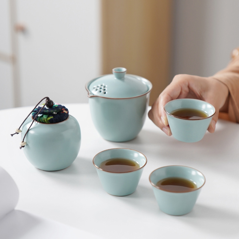 Travel Tea Set Portable Ru Kiln Express Cup One Pot Three Cups Outdoor Business Gift Printing logo Accompanying Gift
