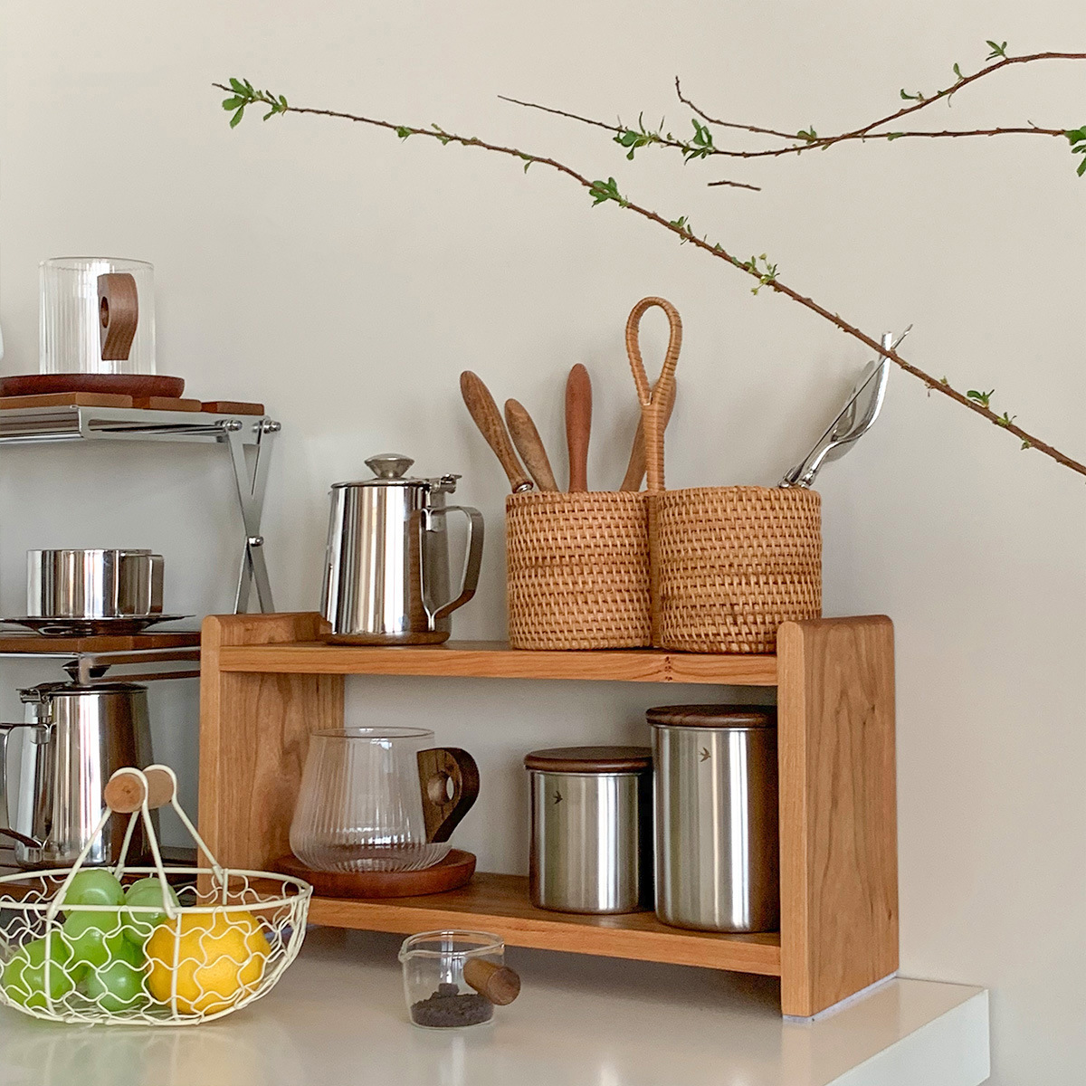 Двухъярусная полка для хранения из массива дерева вишня бук настольная подставка для чайного сервиза подставка для кружек офисная организация