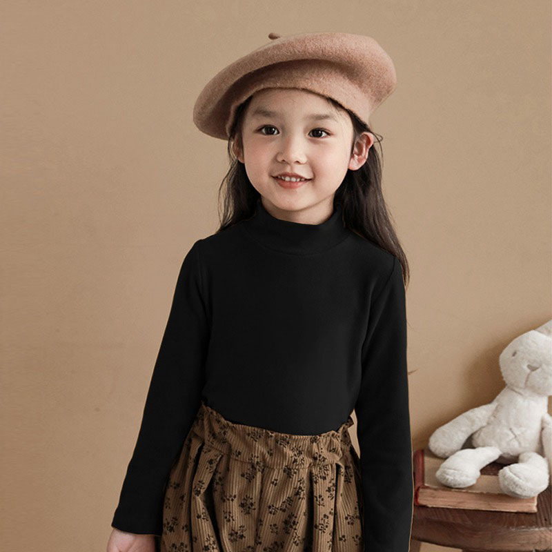 Girls' Base Shirt Spring and Autumn Winter Velvet Semi-high Collar Foreign Style Inner Top Children's Baby Boy's Long-sleeved T-shirt