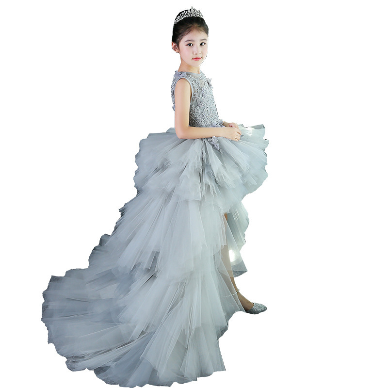 Girls' Evening Dress Princess Dress Grey Model Trailing Wedding Dress Tutu Dress Children's Piano Costume Host