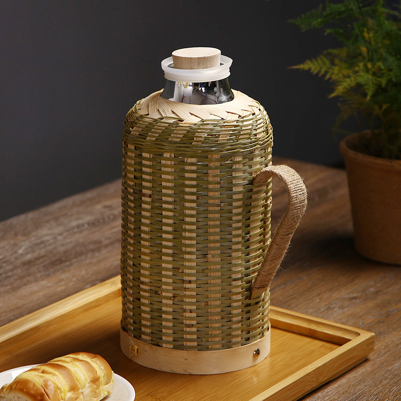 Hot Water Bottle Bamboo Woven Household Handmade Traditional Wooden Stopper Kettle Tea Room Office Thermos Glass Liner Hot Water Bottle