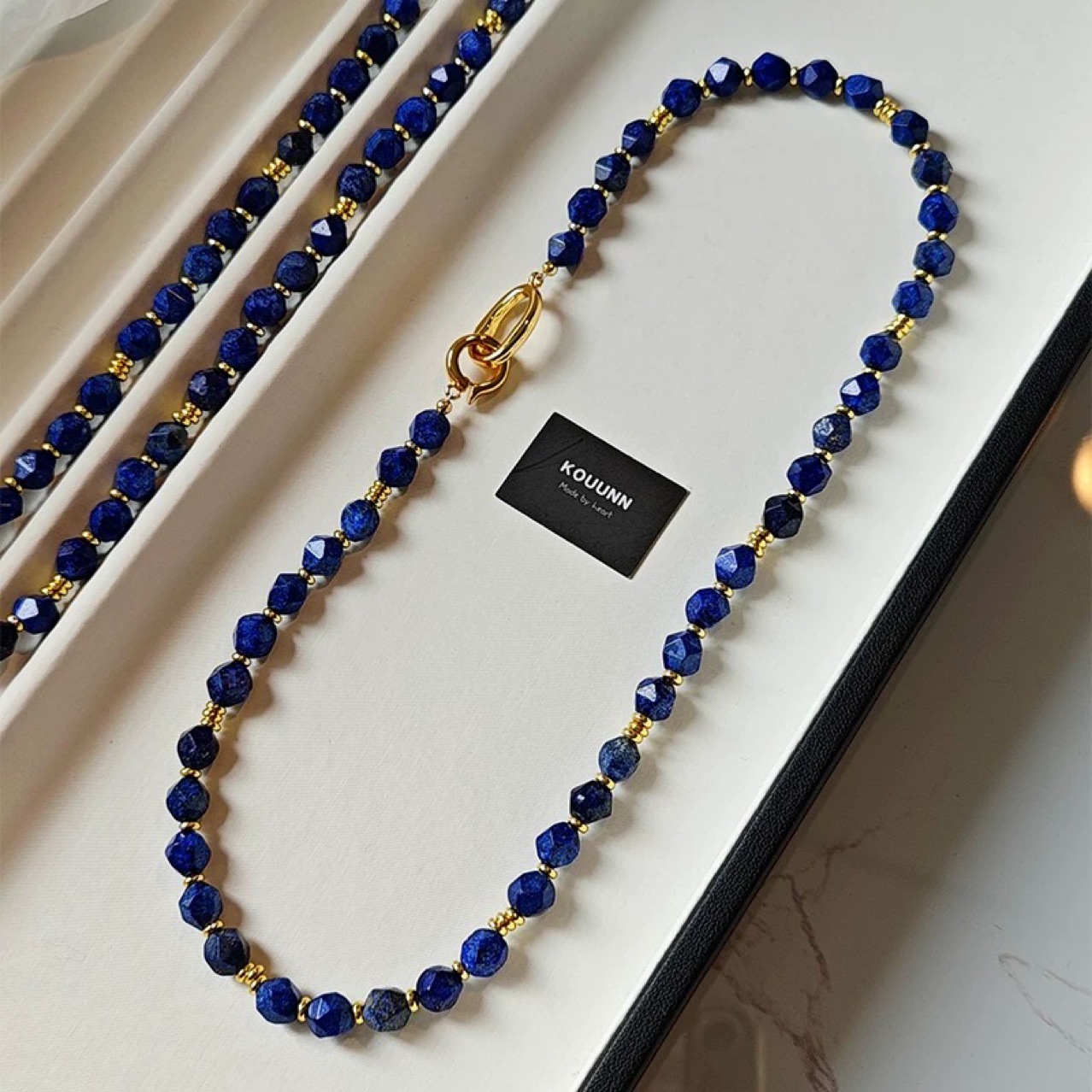 Medieval Vintage Retro Special-Shaped Cut Surface Matte Lapis Lazuli Beaded Necklace Women's Wood Grain Stone High-End Necklace