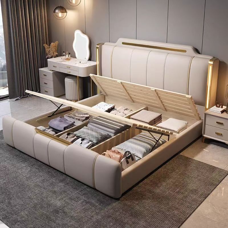 Master Bedroom Bed, New Italian-Style Light Luxury Leather Bed, Simple Modern Leather Bed, Master Bedroom High-End and Elegant Double Bed, Upholstered Wedding Bed