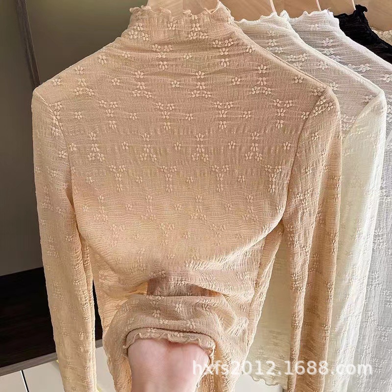 2023 spring new half turtleneck lace bottoming shirt Women's Western style long sleeve tulle hollow mesh inner top