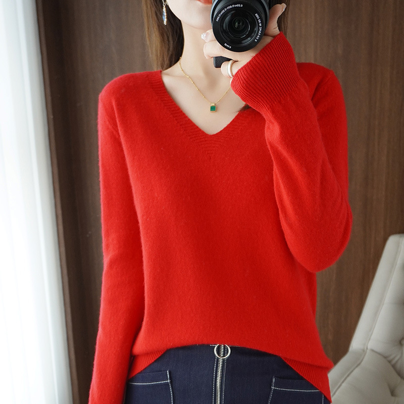 V Neck Loose Knitwear for Women 2024 Autumn and Winter New Outer Wear Versatile Knitwear Pure Color Long-Sleeved Thin Style Top