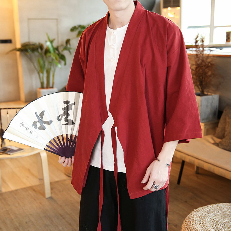 Seven-Sleeve Hanfu Men's Ancient Costsize Side Cardigan Chinese Style Robe Simple Pastoral Lay Zen Traditional Culture Coat